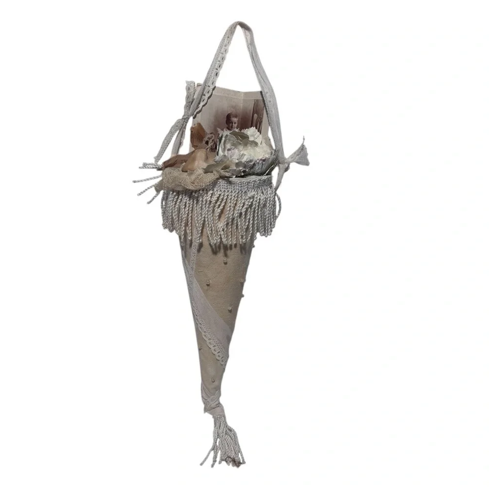 Handmade Victorian Cone Tussie Mussie with Vintage Baby Photo & Shoe Shabby Chic